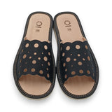 Women's Black Perforated Leather Slippers | K-1162C