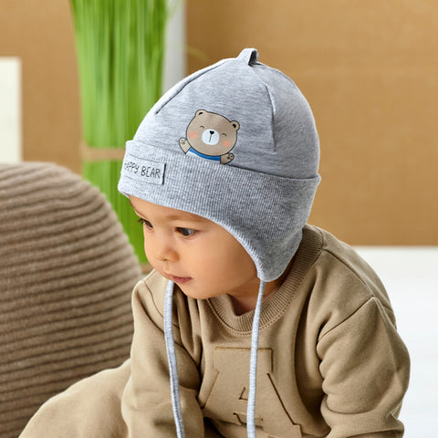 Boys' Tied Gray Hat with Bear Print- 1-3 Years | 48/020-G