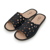 Women's Black Perforated Leather Slippers | K-1162C