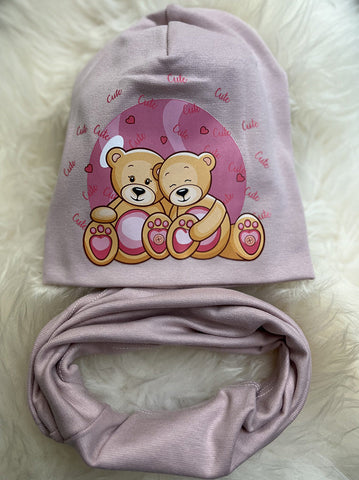 Beige Beanie and Tube Scarf Set with Teddy Bear Print ~ 5-10 years | HAL-68-BE