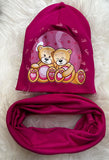 Dark Pink Beanie and Tube Scarf Set with Teddy Bear Print ~5-10 years | HAL-68-DP
