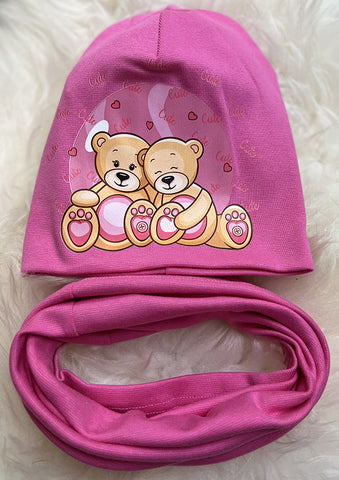 Pink Beanie and Tube Scarf Set with Teddy Bear Print ~ 5-10 Years | HAL-68-P