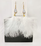 White Long Feather Earrings with White Faux Stone | P323