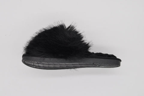 Womens Open Toe Black Slippers with Fluffy Cuff | 36P-BL