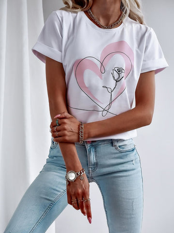 White T-Shirt with Heart and Rose Print | FL-50