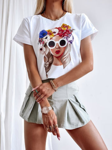 White T-Shirt with Woman with Flowers Print | FL-67