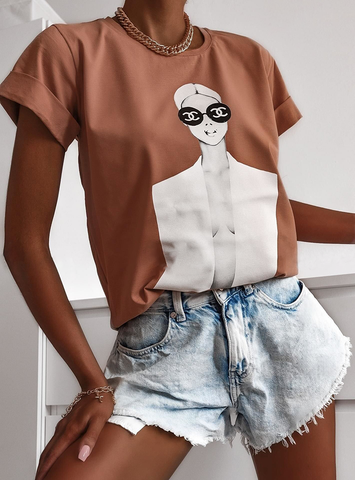 Light Brown T-Shirt with CC Glasses Print | FL-64