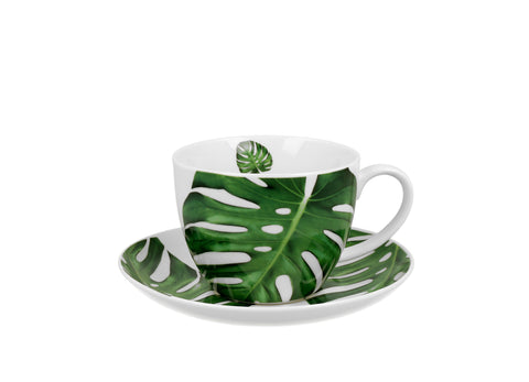 White Porcelain Large Cup with Saucer and Monstera Pattern 470 ml | 30389