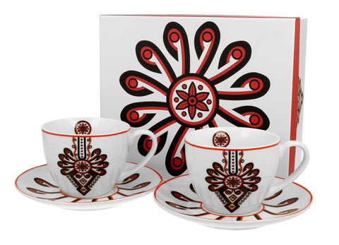 White Porcelain Set of 2 Cups with Saucers and Folk Pattern - PARZENICA 280 ml | 34141