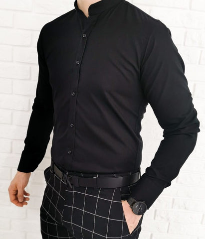 Mens' Black Slim Fit Shirt with Stand-up Collar - Koszula na stojce | IMAG-BL