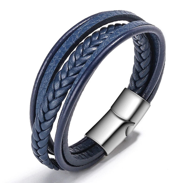 Men's Double Braided Royal Blue Leather Stainless Steel Bracelet