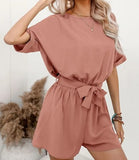 Women's Casual Belted Short Open Back Romper | 45A
