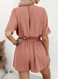 Women's Casual Belted Short Open Back Romper | 45A