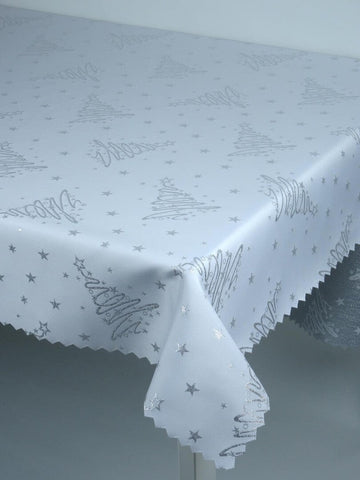 White Double Sided Table Cloth with Silver Christmas Tree Pattern | Marion-RecSilvCHR
