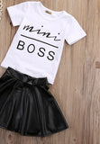Girls' Cotton Mini Boss Shirt and Black Eco-Leather Skirt Set | MBG-01