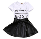Girls' Cotton Mini Boss Shirt and Black Eco-Leather Skirt Set | MBG-01