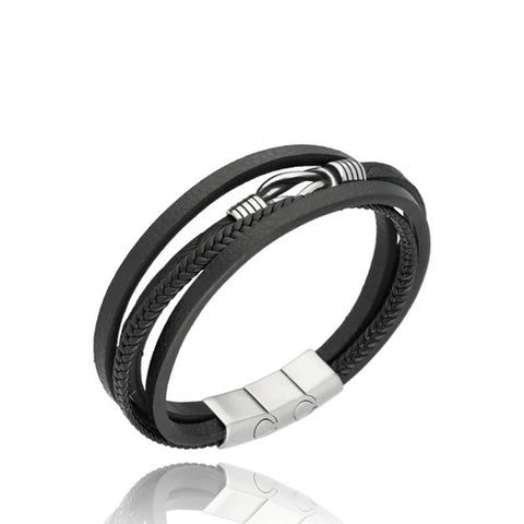 Yves Mens' Black Leather Triple Bracelet with Silver Detail | BM00675
