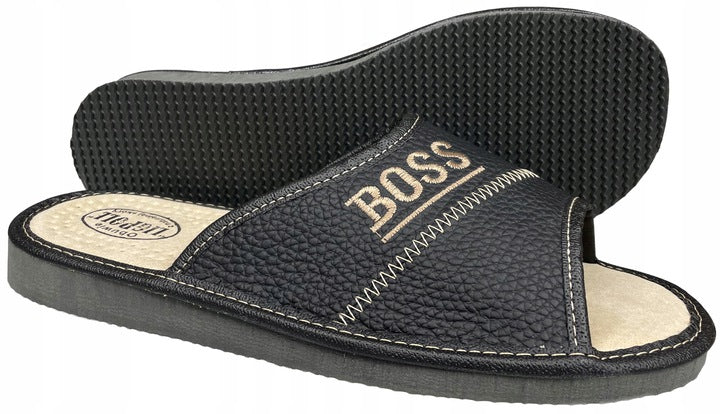 Men's Black Open Toe Leather Slippers - BOSS 118 Luxahaus Beyond