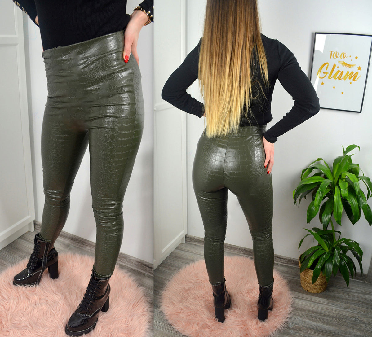 Dark Olive Green Insulated Eco Leather Leggings with Croc Print