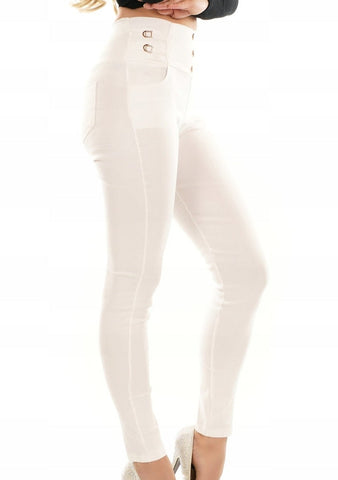 Italian-style High-Waisted White Pants with Golden Details | HAL-182-W