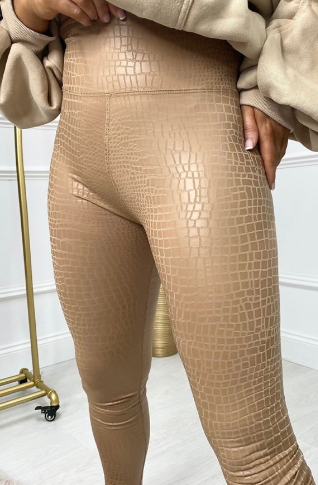 Dark Beige Insulated Eco Leather Leggings with Croc Print