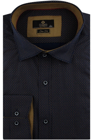 Mens' Elegant Dark Blue Long Sleeve Slim-fit Shirt with Pattern | 1B4455