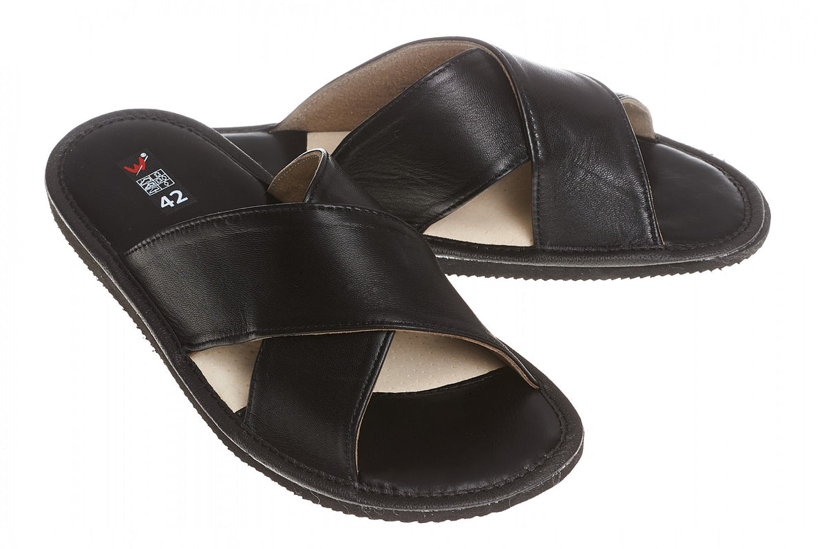 Men's Black Leather Open Toe Slippers | WU-244 – Luxahaus Beyond