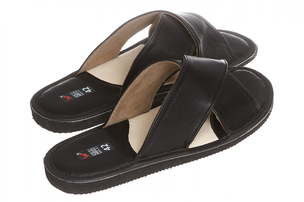 Men's Black Leather Open Toe Slippers WU-244 – Luxahaus Beyond