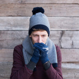 Mens' Gray And Navy Blue Beanie With Scarf Set | 15519-1