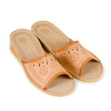Women's Brown Embossed Leather Heeled Slippers | K-1149B