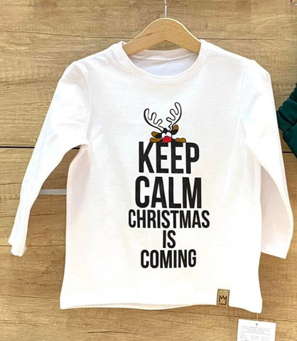 MIMI Boys' Long Sleeved White Shirt with Christmas Keep Calm | S-109-W