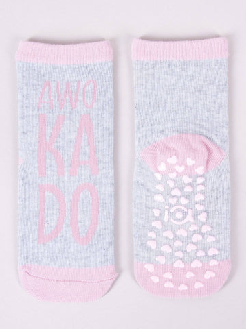 YO! Girls' Light Gray Ankle Socks with ABS and Avocado Embroidery | SKA-0021G-LG
