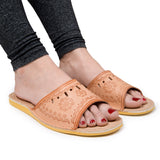 Women's Brown Embossed Leather Slippers | K-1149A