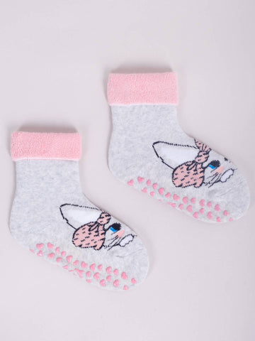 YO! Girls' Light Gray Pattened Ankle Socks with ABS and Cat Embroidery | SKF-0005GAA-LG