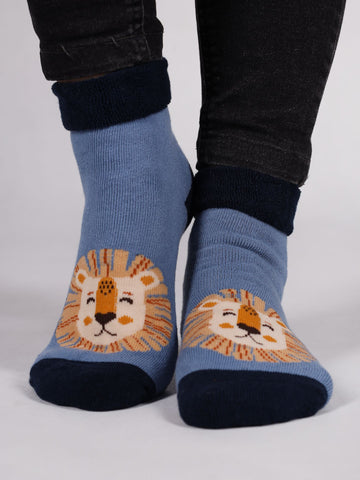 YO! Boys' Blue Ankle Socks with Lion Embroidery and ABS | SKF-0005C-A20A