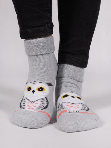 YO! Girls' Light Gray Ankle Socks with ABS and Owl Embroidery | SKF-0005GA-LG1
