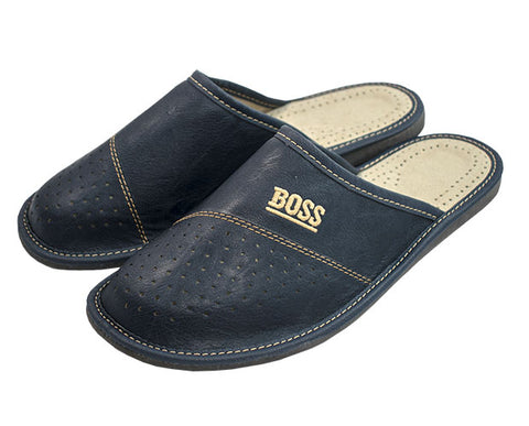 Men's Dark Blue Leather Slippers | M-2040