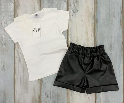 Girls' White T-shirt and Black Eco-Leather Shorts Set | 25EA626