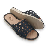 Women's Black Perforated Leather Slippers | K-1162C
