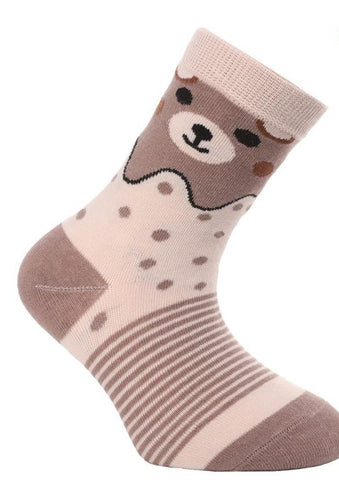 Girls' Beige Ankle Socks with Bear Pattern  |  CSB200-536-BE