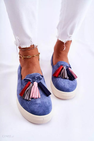 Women's Blue Jeans Loafers with Decorative Tassels | CU215
