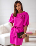 Beautiful European Pink Dress with Belt and Flower | EMG-01