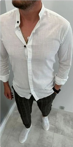 Mens' White Slim Fit Shirt with Stand-up Collar - Koszula na stojce | KUD-W