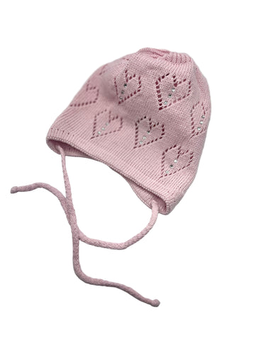 Girls' 100% Cotton Tied Beanie with Embroidered Hearts ~0-12 months | AND