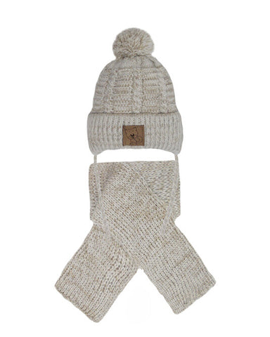 Boys' Beige Tied Hat with Pompom and Scarf Set ~0-12 months | 46/413-BE