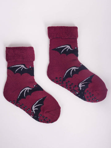 YO! Boys' Dark Red Ankle Socks with Bats Pattern and ABS | SKF-0005C-DR