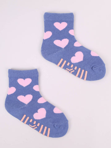 YO! Girls' Dark Blue Ankle Socks with ABS and Hearts Pattern | SKA-002G-DB