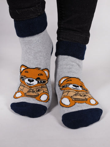 YO! Boys' Gray Ankle Socks with Animal Embroidery and ABS | SKF-0005C-A20AA