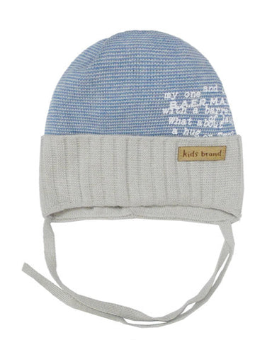 Boys' Tied Pearl Beige and Blue Printed Hat ~0-12 months | 42/023-G