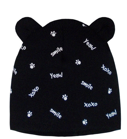 Boys' Black Printed Beanie with Ears ~0-6 months | 44/029-A